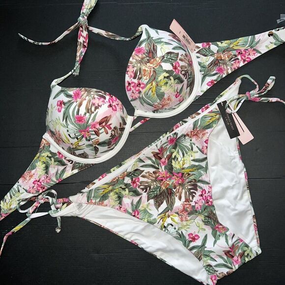 Victoria's Secret 38DD BOMBSHELL BIKINI XXL bottom WHITE GREEN PALM PINK ORCHID - Picture 1 of 5